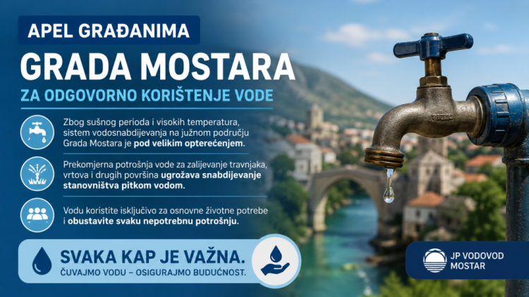 Alarm iz Vodovoda: Južni dio Mostara ostaje bez vode, građanima upućen hitan apel